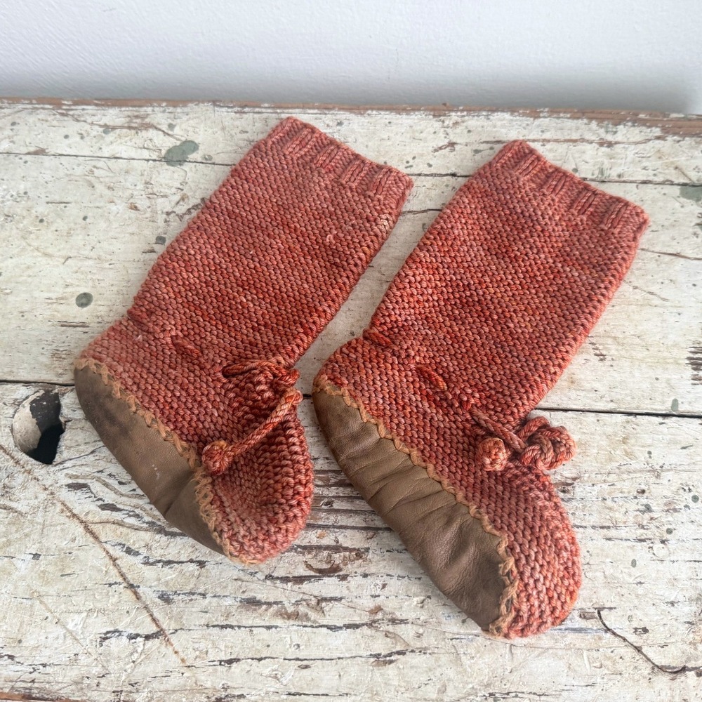 Handmade Knit Slipper Boots Terracotta Orange Leather Sole Kids House Shoes